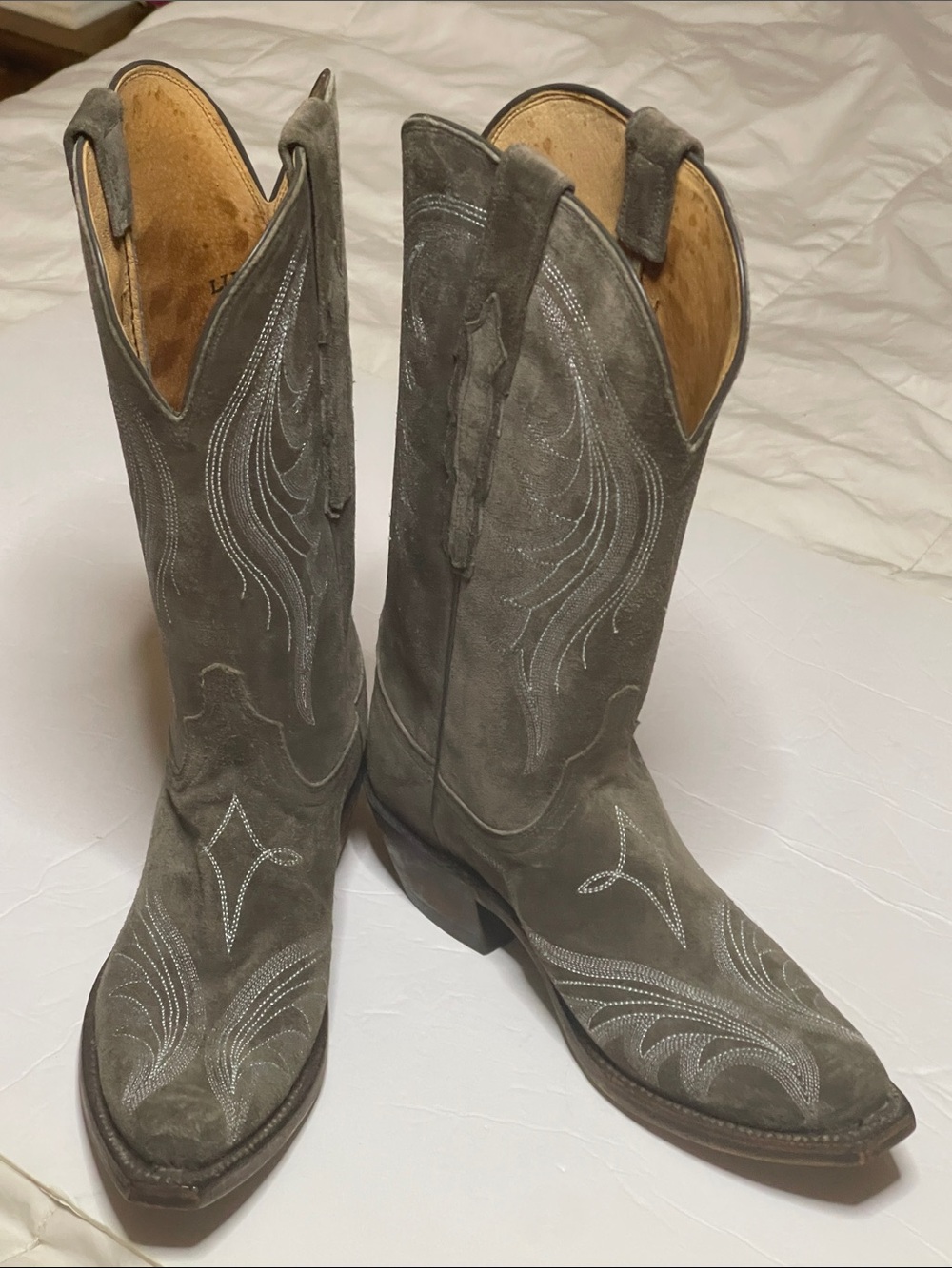 Lucchese Margot Western Gray Suede Embroidered Heeled Boots. Size 6.5